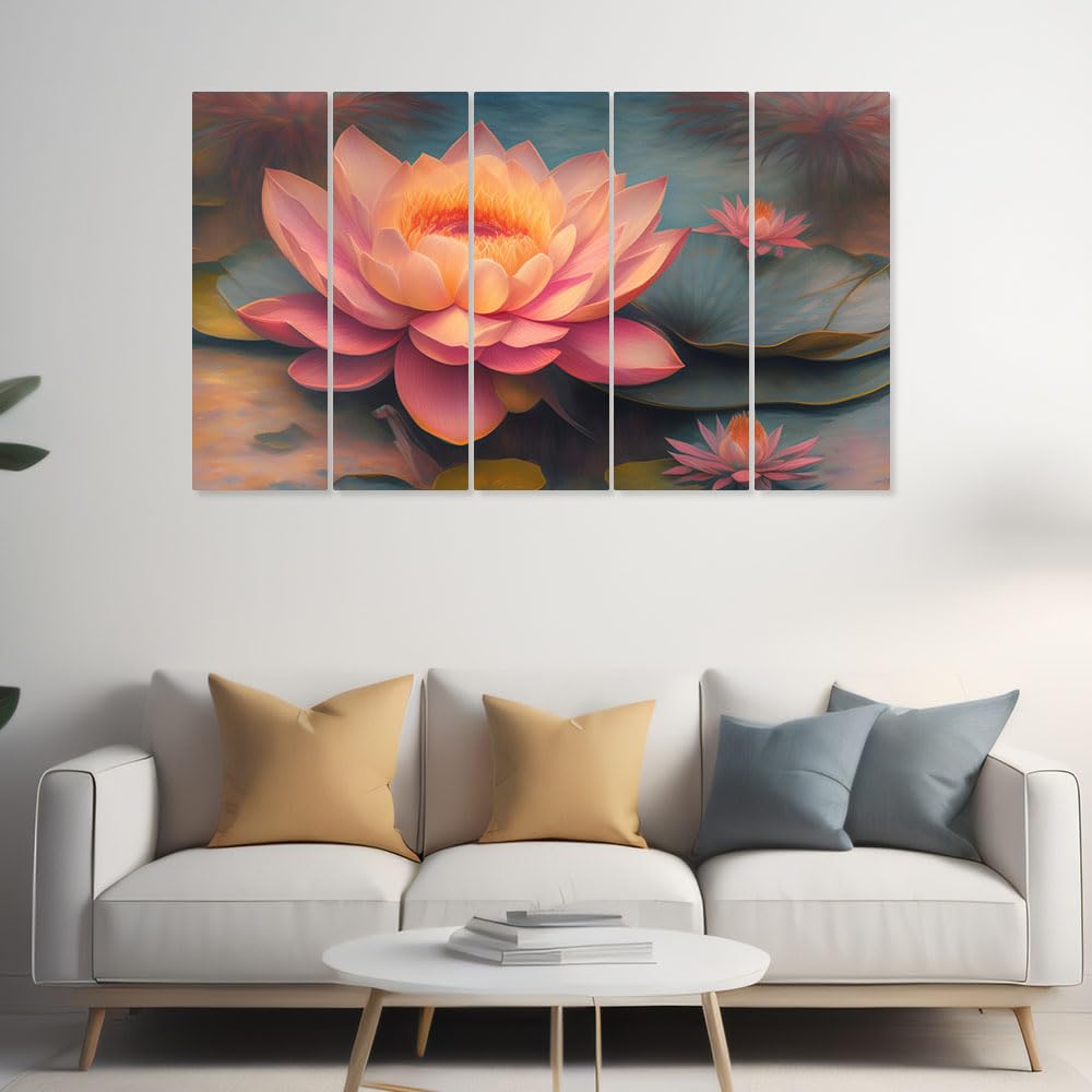 Dekorstation Pink Lotus Flower Leaves Wall Painting For Home,Wall Decorative Painting Multiple Frames Wall Paintings | Set Of -5